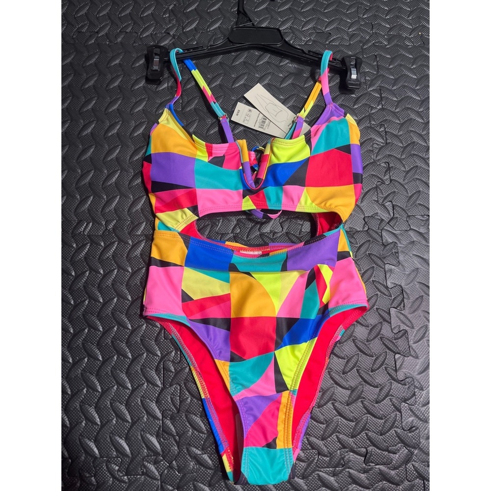Geometric Cutout One Piece Swimsuit Colorblock Sexy Minimal No Boundaries XXS - Picture 2 of 4